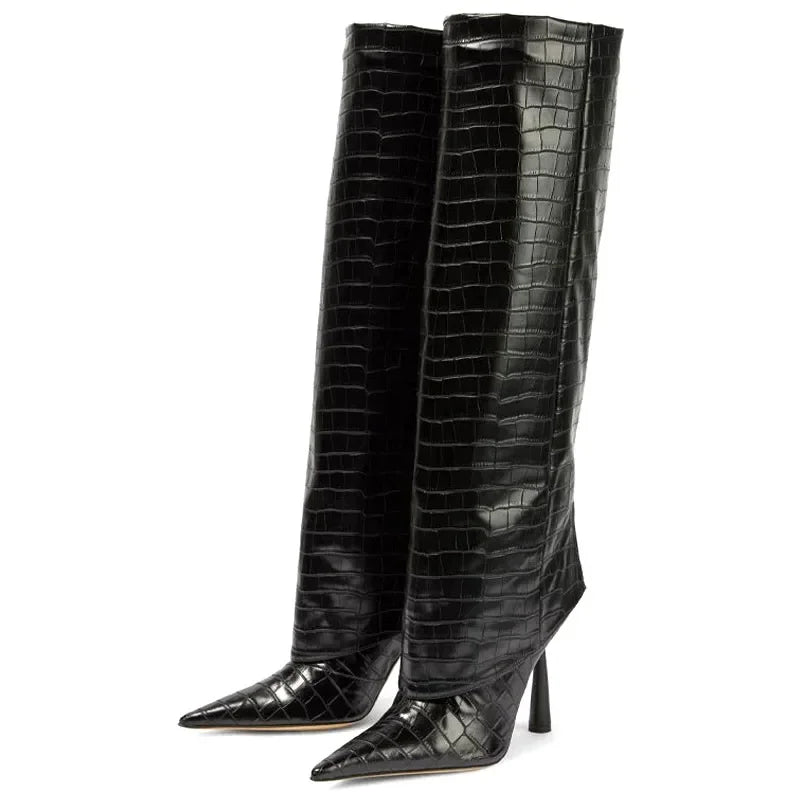 CROCODILE-EMBOSSED HIGH-HEELED BOOTS
