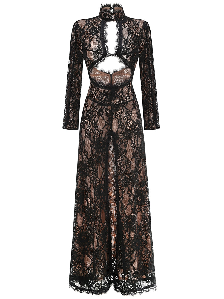 MAXI-KLEID MIT SPITZE UND HOHEM SCHLITZ