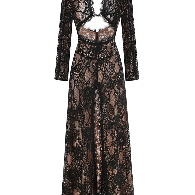 MAXI-KLEID MIT SPITZE UND HOHEM SCHLITZ