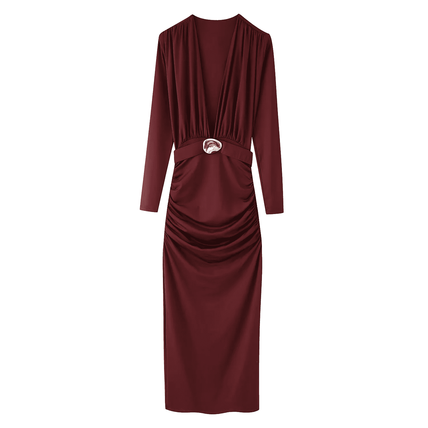 MIDI-KLEID MIT V-AUSSCHNITT UND RAFFUNGEN