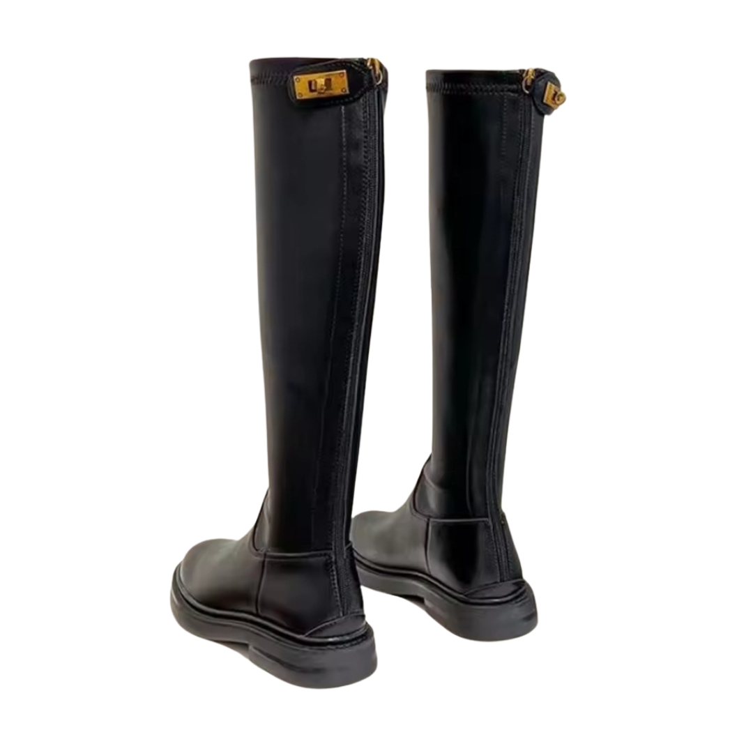 Kniehohe Boots mit klobiger Sohle und goldenen Akzenten